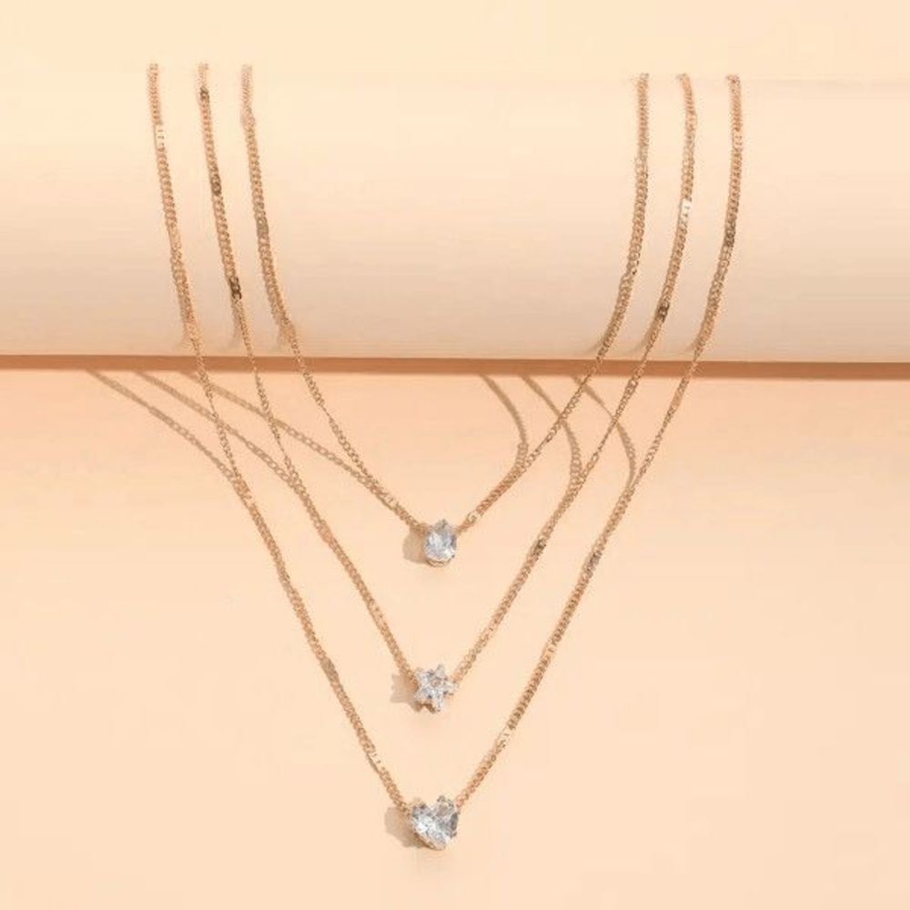GOLD DIAMOND MULTILAYERED STAR HEART WATRDROP NECKLACE - Picture 5 of 5